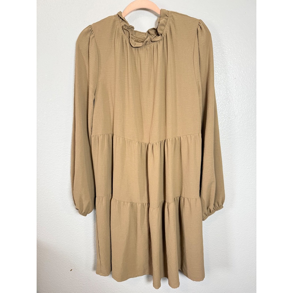 Copper Key Tan Tiered Babydoll Mini Dress Long Sleeve Ruffle Neck XL WDR114586-D